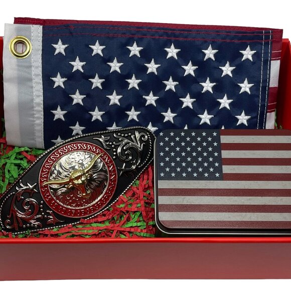 Western Belt Buckle Christmas Gift Set - Small American Flags - Patriotic Gifts - Picture 2 of 14